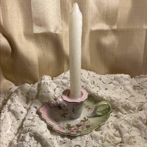 Nippon Other - Nippon Hand Painted Porcelain Pink & Green Floral Chamberstick Candle Holder